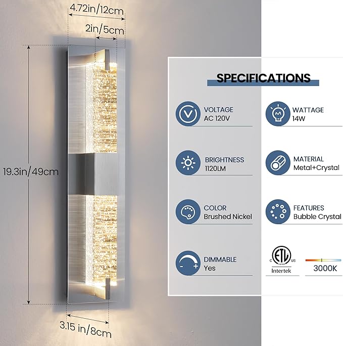 WOSHITU LED Wall Sconce Light: 19 Inch Nickel Modern Sconces Wall Lighting