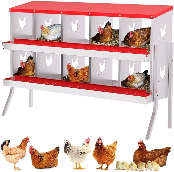 10-Compartment Metal Chicken Nesting Box - with Perch, Secure Lid & Metal Legs, Wall-Mount or Free-Standing Nesting Boxes for Hens