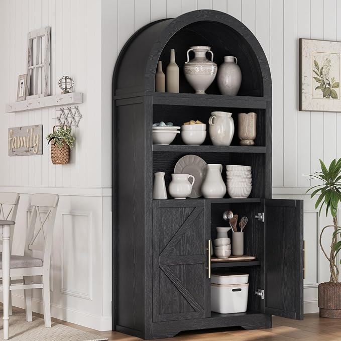 Arched Bookshelf Bookcase China Pantry Storage Cabinet with Doors and Shelves,Kitchen Pantry Cabinet,71“ Tall Food Pantry Furniture for Living Room, Dining Room (Black)