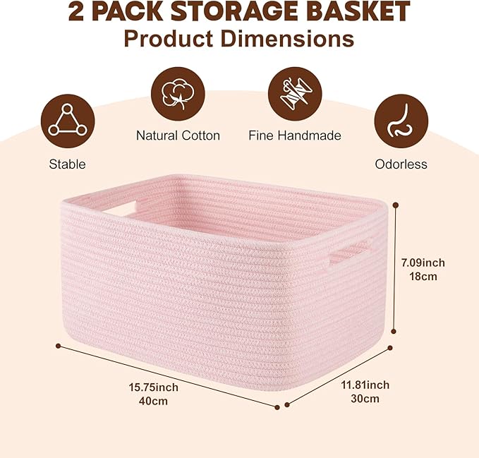 OIAHOMY Storage Basket for Shelves, Closet Cube Storage Bins Baskets for Clothes Blanket Towels, Baby Nursery, Toy Baskets Box, Woven Rope Basket, 15.75*11.81*7.09 IN, 2 Packs Mixed Pink