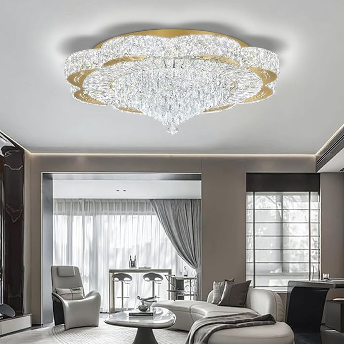 Modern Empire Crystal Chandelier Gold 32inches Crystal Raindrop Ceiling Light