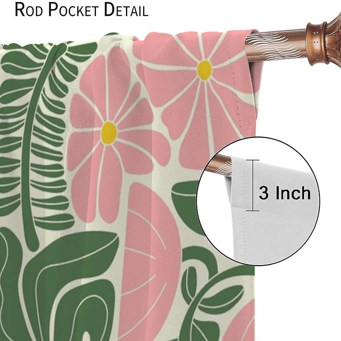 70s Flowers Curtains,Retro Geometric Boho Vintage Botanical Green Pink Flower Curtain for Bedroom Living Room Bathroom Window Curtains,70s Mid Century Flowers Window Treatments 72" W X 63" L