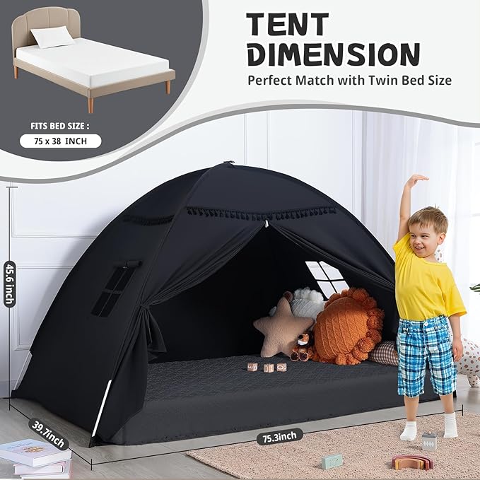 Sumbababy Twin Size Bed Canopy: Lights & Flags Indoor Floor Bed Kids Tent Playhouse - Portable & Foldable Twin Bunk Curtains - Girls & Boys Bedroom Privacy Space Blackout Tents Slumber Gifts (Black)