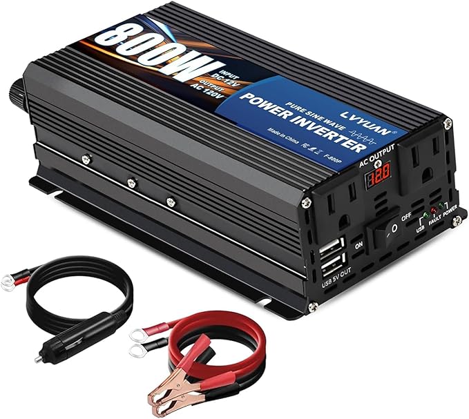 LVYUAN 800 Watt Pure Sine Wave Power Inverter 12V to 110V120V DC to AC Converter with Dual Sockets, Dual USB Ports, LED Display for Home Outdoor RV Car Power Inverter Power Adapter