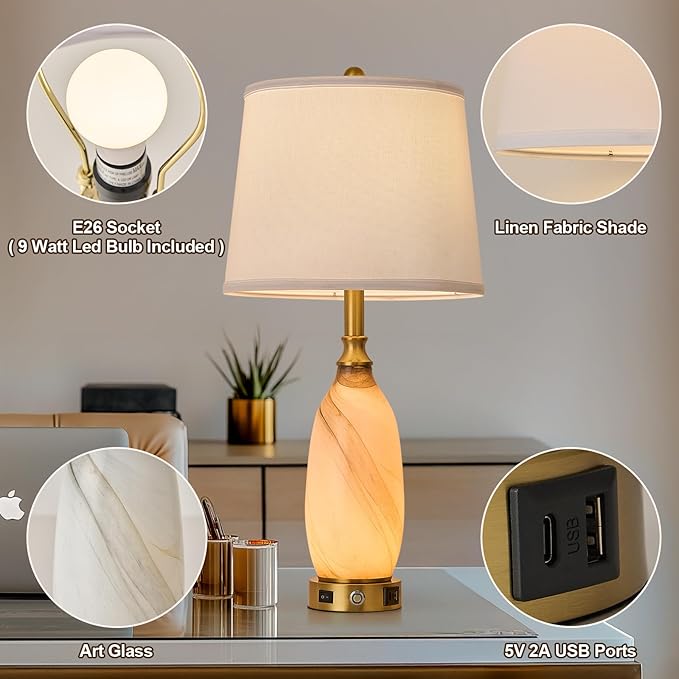 AIDENOEY 26" Modern Art Glass Table & Bedside Lamp, Stepless Dimmable Base +