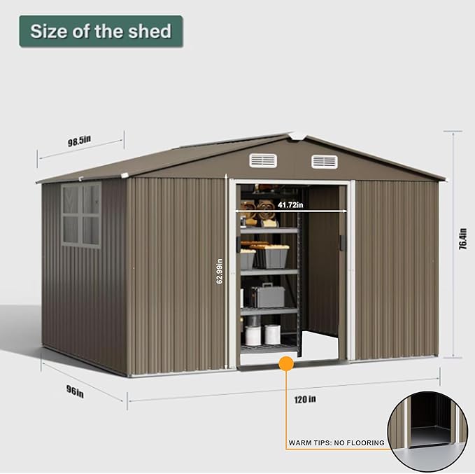 10FT x 8FT Outdoor Storage Shed, Waterproof, Lockable Door Metal Tool Shed with Sliding Door and Air Vents, Storage House for Gardening Tools, Metal Storage Shed for Garden, Backyard, Lawn