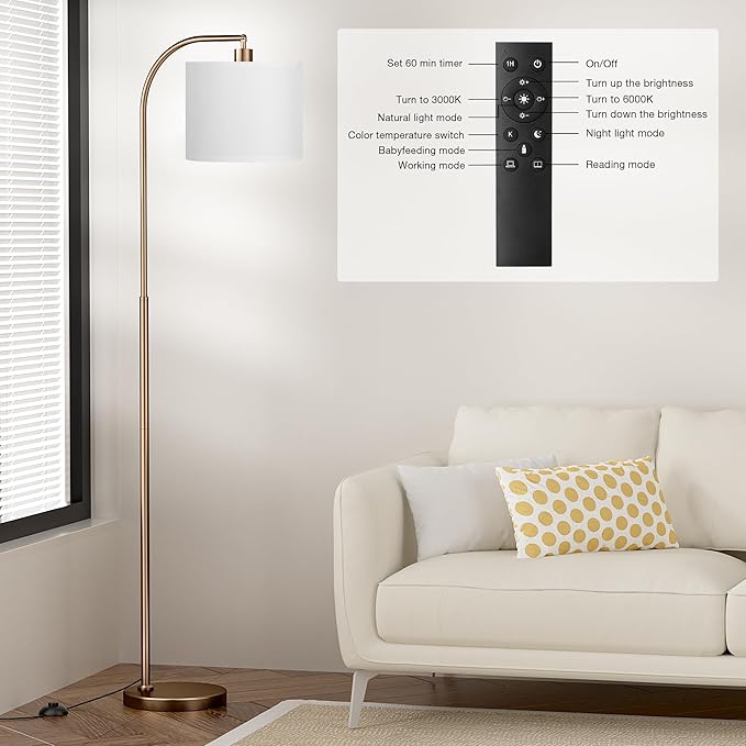 Ambimall Arc Floor Lamp with Remote and Stepless Dimmable Bulb, Colors