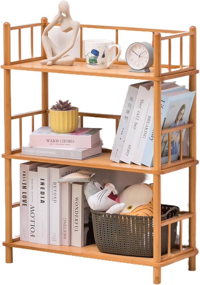 GOGOGO Bamboo Bookshelf -Tool-Free Assembly, Modular, Eco-Friendly Wooden Bookcase, Height Extendable(Natural, 11.8" H(3 Tier))