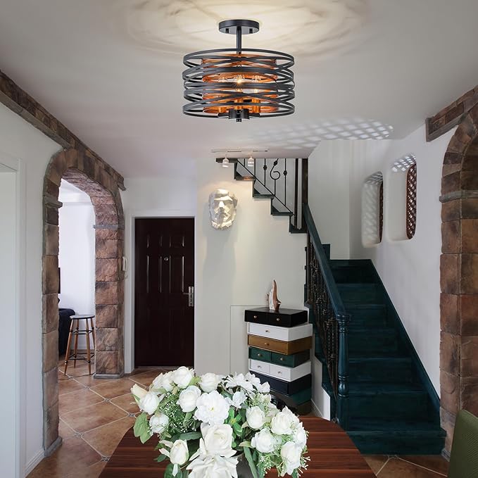 3-Lights Farmhouse Ceiling Light Fixture, Rustic Close to Ceiling