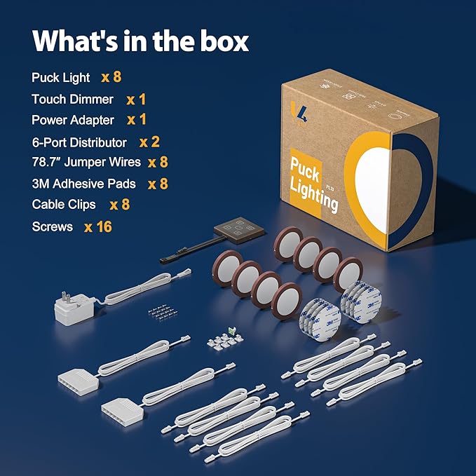 V4light LED Puck Lights 8 Pack, 6mm Ultra-Thin Plug in Under Cabinet Lighting