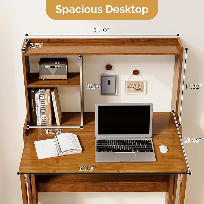31.1" Bamboo Folding Desk with Bookshelf, Compact Computer Desk for Small Spaces, Foldable Study Table with Storage Shelf, Space-Saving Home Office Table for Bedroom, Dorm, Apartment,Brown