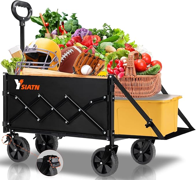 Collapsible Folding Wagon Cart with Tailgate - 300lbs Heavy Duty Foldable Utility Wagon and Brake Wheels - 100L Lightweight Grocery Wagons for Shopping Camping Sports Garden, Black