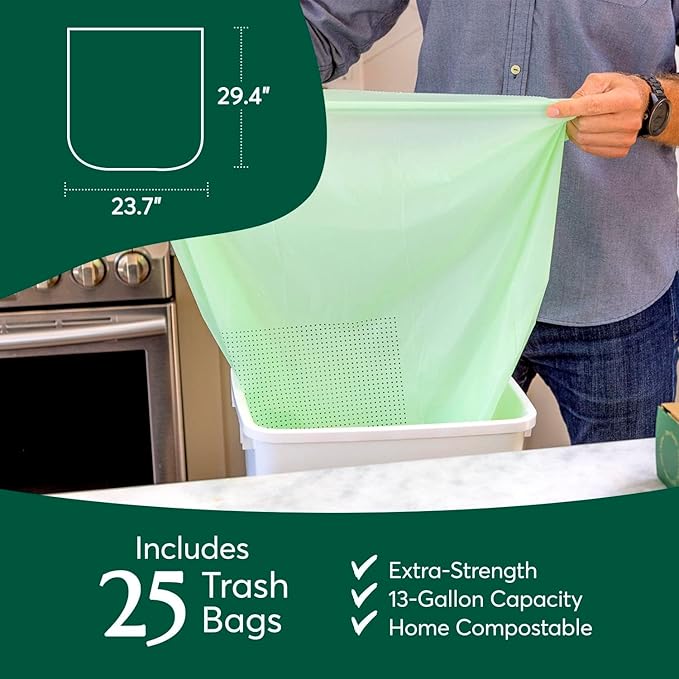 Cleanomic Compostable* Trash Bags with Drawstring (13 Gallon, 25 Units, Tall), BPI Certified For Kitchen Compost