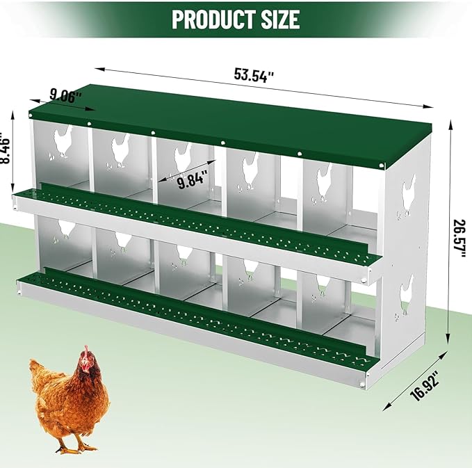 Chicken Nesting Box, Heavy-Duty Metal Chickens Laying Boxes with 10 Compartments, Large Vented Holes Hens Laying Box, Chicken Coop with Rollout Egg Collection, Wall Mount - Green