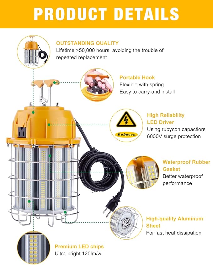 LED Temporary Work Light 100W LED Construction Lights 12, 000lm 5000K Daylight