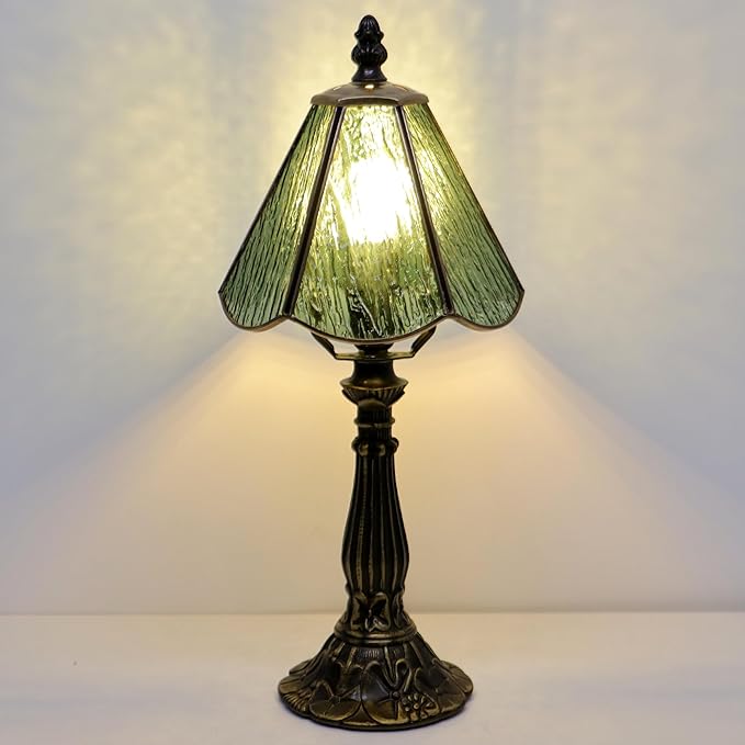 Small Tiffany Table Lamp Green Bark Pattern Style Stained Glass Desk Lamps
