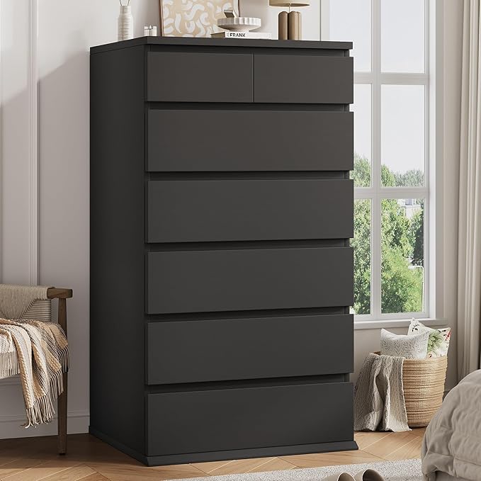Black Tall 7 Drawer Dresser for Bedroom, Modern Wood Closet Dressers & Chests of Drawers with Jewelry Storage, 23.6" L*15.8" W*47.5" H in Large Vertical Dresser for Bedroom, Living Room, Nursery