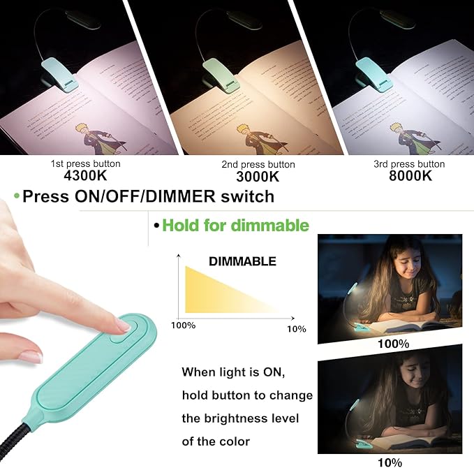 Book Light for Kids, Rechargeable Clip on Book Reading Light in Bed, Dimmable