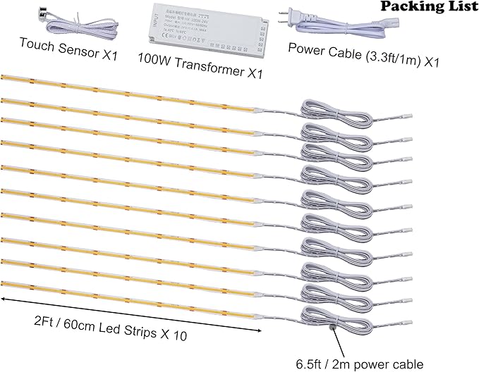 10 Pcs COB LED Strips Bright Dispaly Case Under Cabinet Light, Touch Sensor