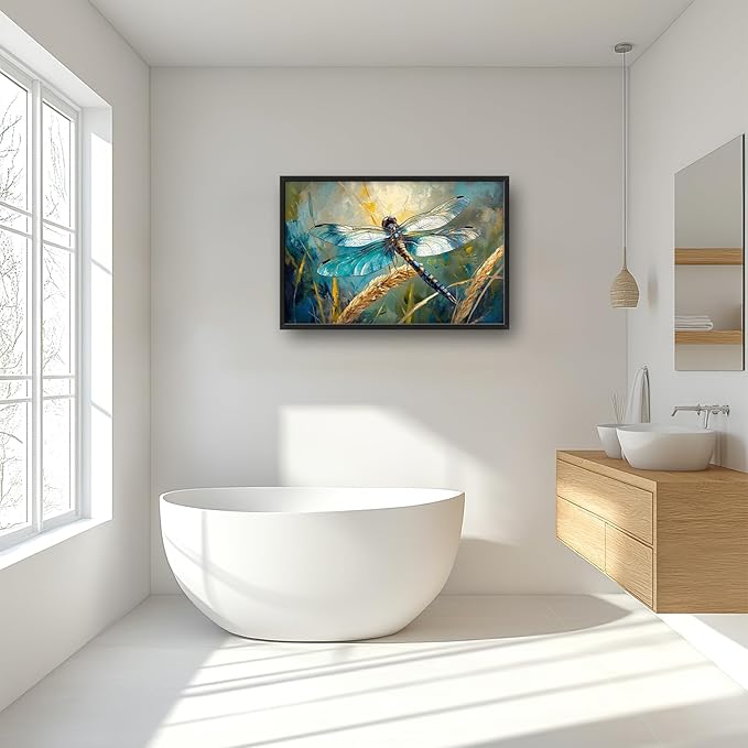 Olivine Dragonfly Wall Art, Vintage Dragonfly Pictures Wall Decor, Nature Painting, Insect Canvas Prints, Framed Artwork for Bathroom Bedroom Living Room Office Home Decoration 36"x24"