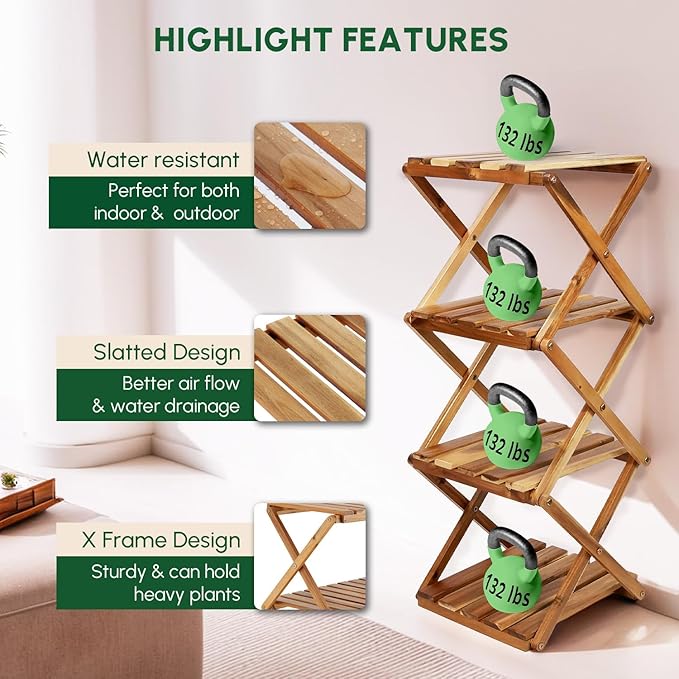 BEEFURNI Acacia Plant Stand Indoor Corner, Wooden Outdoor 4 Tier Corner Planter Stand, Foldable Shelf Display, Tall Plant Bench for Succulent, Easy Assembly, Window Decor, 1-year Manufacturer Warranty
