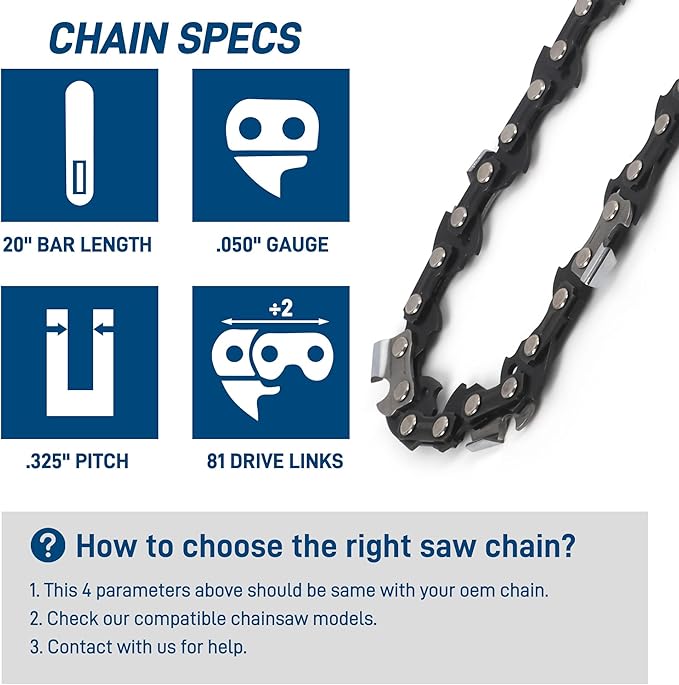 3-Pack Chainsaw Chain 20 Inch .325" Pitch .050" Gauge 81 Drive Links