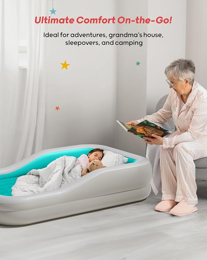 QPAU Inflatable Toddler Travel Bed with 3-Sided Safety Bumpers, Extra Large Kids Air Mattress, Includes Detachable Mattress, Portable for Camping, Travel, Home Use (Cyan)