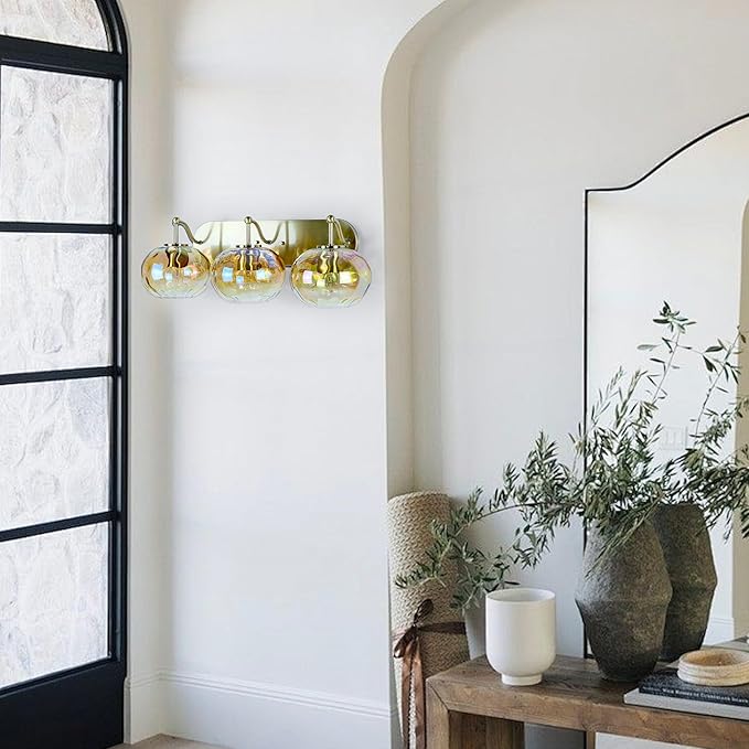 23" Brushed Gold Vanity Light Stained Amber Hammered Glass Wall Sconce 3-Light