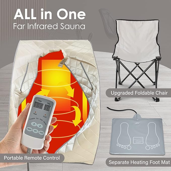Smartmak Far Infrared Sauna, Full Body One Person Portable SPA Set with Time & Tempreture Remote Control, Heating Foot Pad and Foldable Reinforced Chair (L 27.6’’ x W 31.5’’ x H 37.8’’)- Beige
