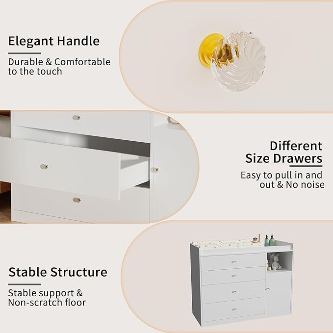 Nursery Dresser Changing Table Dresser with Changing Table Top Baby Diaper Changing Station with 5 Drawers for Infants Chest Storage Changing Station Nursery Organizer,White
