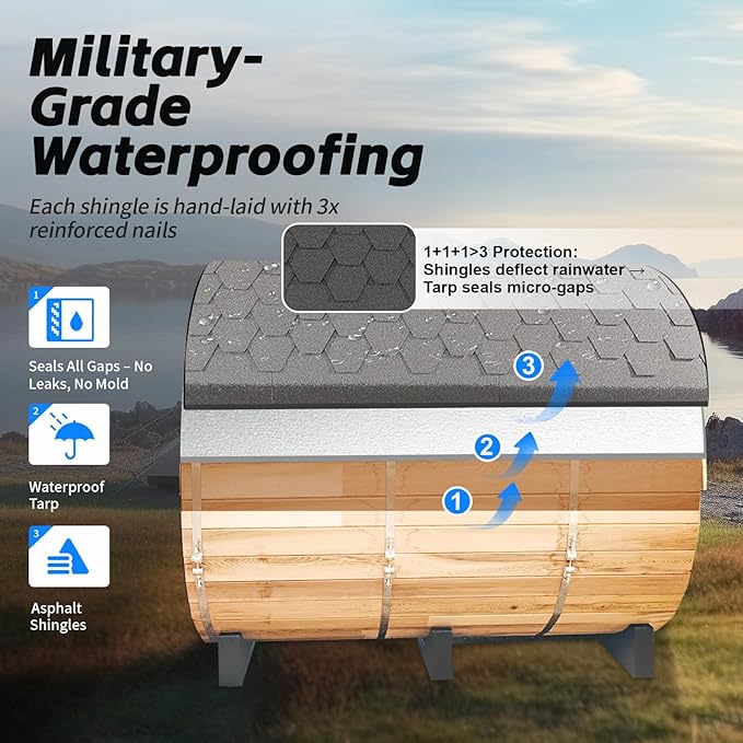 ZONEMEL Outdoor Barrel Steam Sauna with Panoramic View, Canadian Hemlock Wood Sauna for 4-6 Person, 6KW Heater, Rocks, 8mm Tempered Glass, Waterproof System, 220V