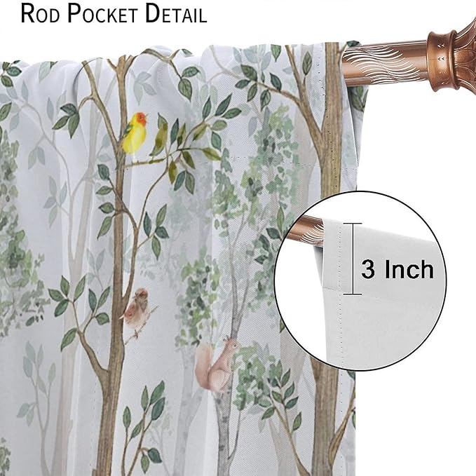 Kids Watercolor Woodland Animal Window Curtains, Bear Deer Squirrel Hedgehog Fox Birds Green Forest Blackout Rod Pocket Treatment for Boys Girls Bedroom 63x63in