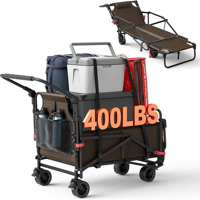 LEVELEVE Heavy Duty Folding Wagon - 2-in-1 Collapsible Cart, 400lb Capacity, All-Terrain Wheels w/Brakes & Side Pockets (Brown)