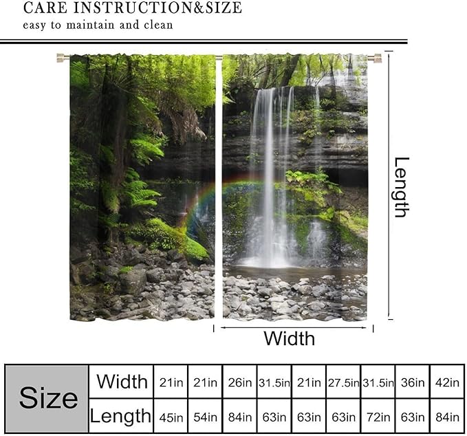 Natural Landscape Waterfall Blackout Curtains, Forest Falls Spring Natural Scenery Green Plant Tree Leaf Rod Pocket Window Drapes, for Bedroom Living Room 52" W X 84" L