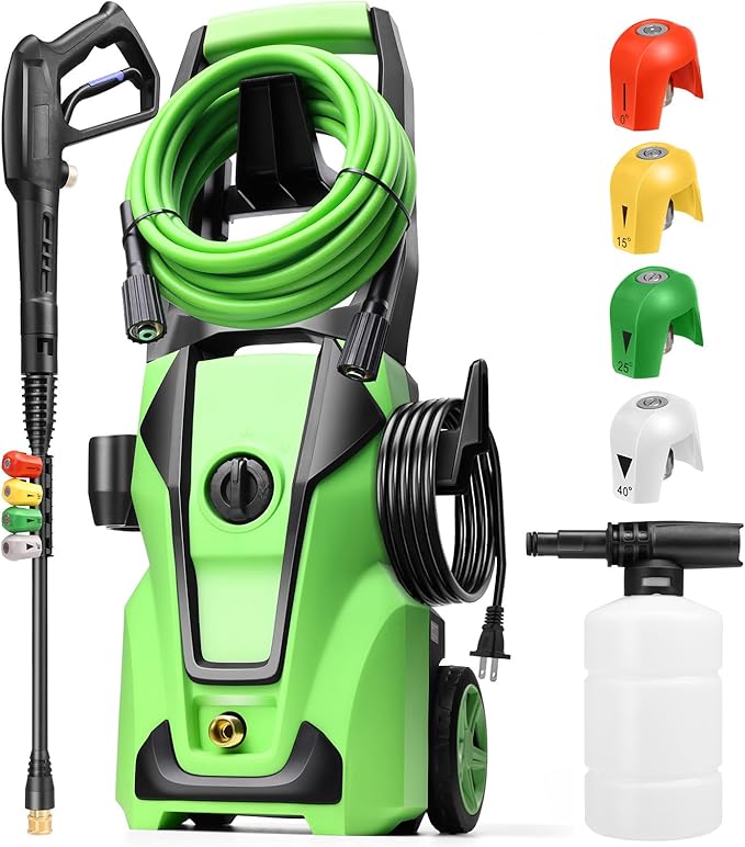 Pressure Cleaner 5000PSI Max 4.0GPM with 33FT Flexible Extension Hose, 4 Nozzles, Foam Cannon, Power Cleaner Powered for Cars, Patios, Driveways, Green