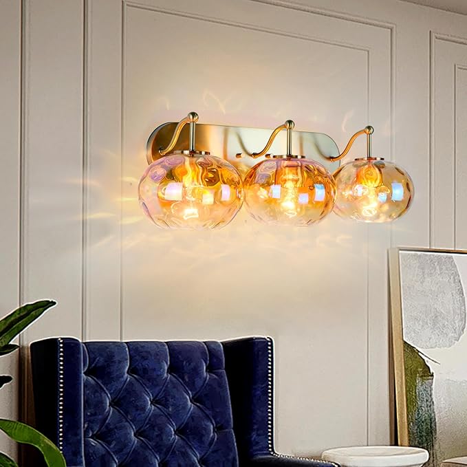 23" Brushed Gold Vanity Light Stained Amber Hammered Glass Wall Sconce 3-Light