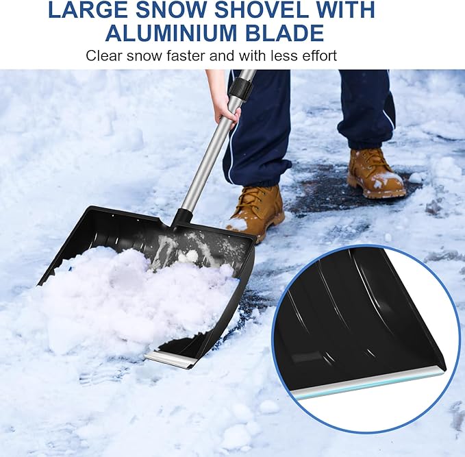 Ergonomic Large Snow Shovel for Driveway: 48-Inch Dual-Lock Knob Anti-Wobble Handle, 16" Plastic Blade w/Metal Edge, Ultra-Light 1.9 lb, Portable Aluminum Shaft, Car, Camping & Emergency, Black