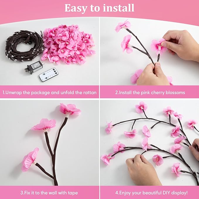 Cherry Blossom Lights with Remote, 7.5 Ft 144 Flowers Enchanted Willow Vine