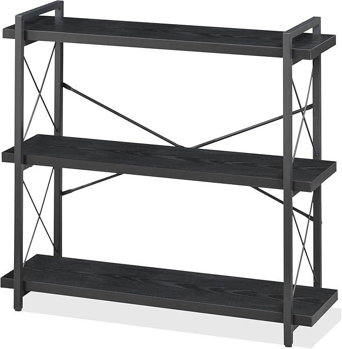 HCHQHS Bookshelf, 3-Tier Industrial Bookcase, Black Open Book Shelf, Freestanding Horizontal Bookshelves with Metal Frame
