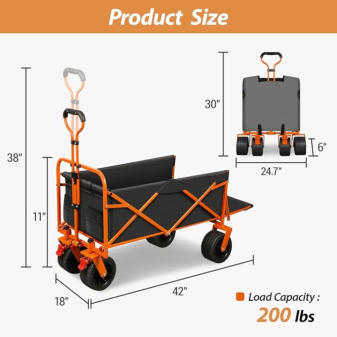 TAIFA Foldable Collapsible Wagons Cart with Extra Long Tailgate, Portable Beach Utility Wagon with Big Wheels and Brakes for Sand Shopping Camping Sports Outdoor, Black and Orange