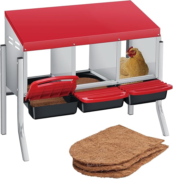 3 Compartment Metal Chicken Nesting Box, Includes 3 Soft Hay Mats, Automatic Roll-Out Egg Collection, Waterproof Galvanized Steel Laying Box with Perch & Wall Mount, for Hens Ducks Rabbits