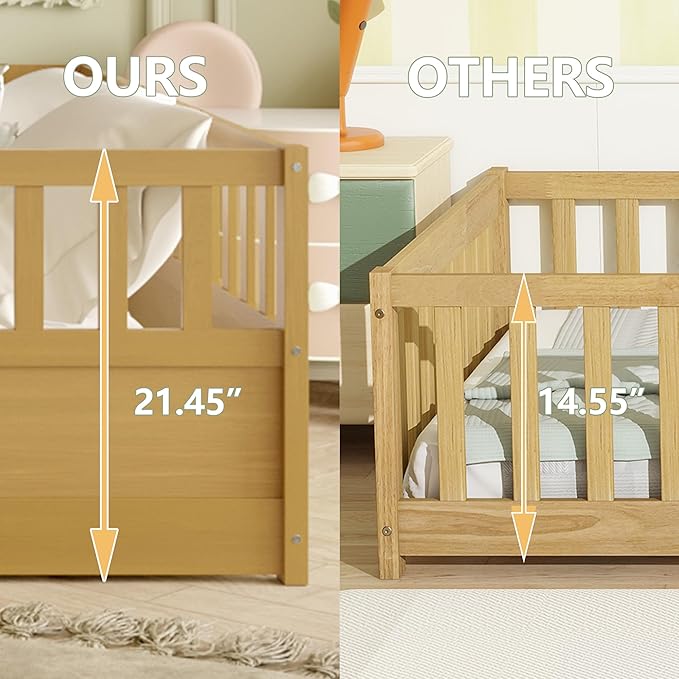 Bellemave Full Floor Bed with Slats, Full Size Floor Beds with High Fence and Door, Montessori Floor Bed Frame, No Box Spring Needed, Easy Assemble Montessori Bed, Natural