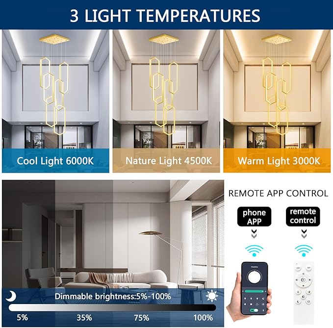 6 Rings Modern Chandelier LED Dimmable Pendant Lighting Adjust Flush Mount