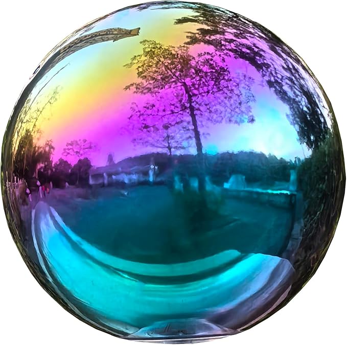 Rainbow Gazing Globe Mirror Ball in Stainless Steel, Shiny Hollow Sphere Sparkling Housewarming Outdoor Ornament (8 Inch)