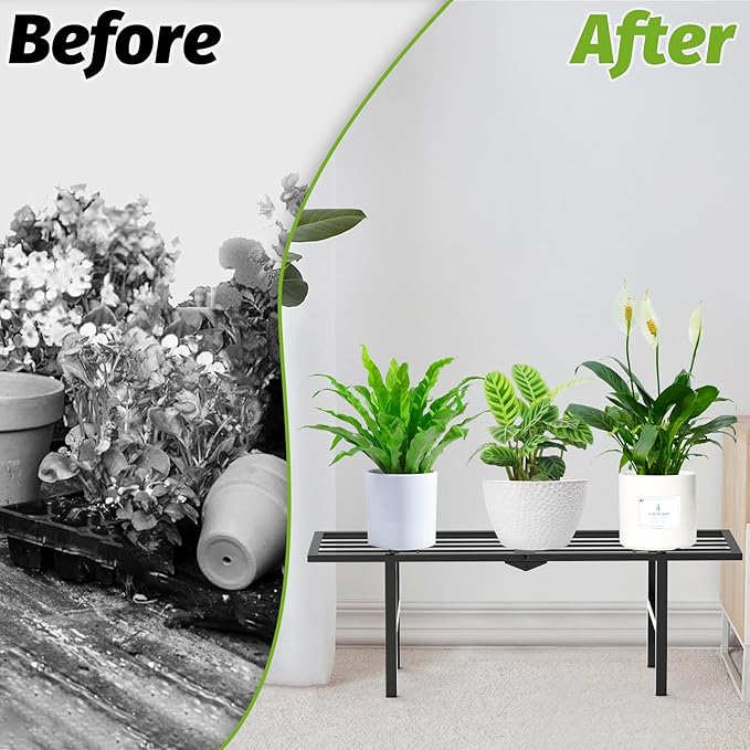 1 Tier Plant Stand Indoor Outdoor, 2 Pack Foldable Heavy Duty Metal Plant Shelf, Multi-Plant Display Flower Pot Holder for Garden Patio Balcony, Black