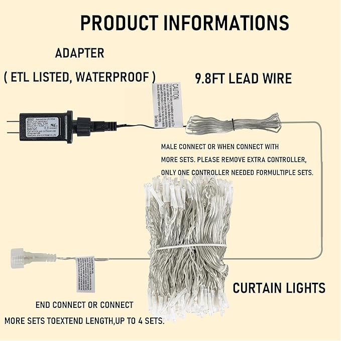 Dazzle Bright 300 LED Curtain String Lights, Christmas Fairy Lights