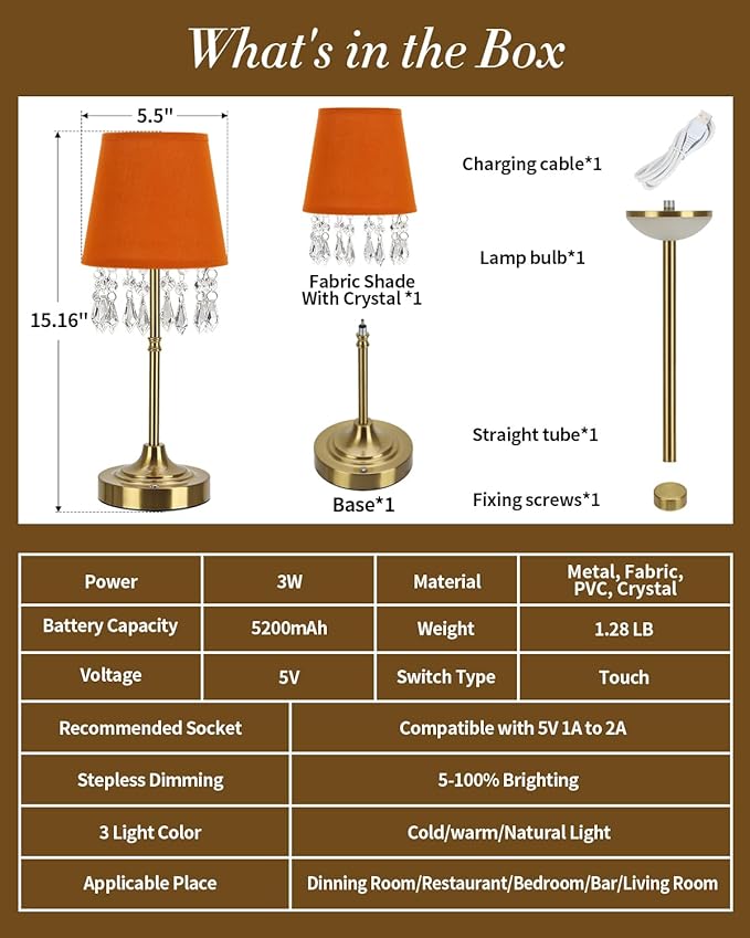 Cordless Table Lamp, 5200mAh LED Rechargeable Small Touch Lamp, 3 Colors