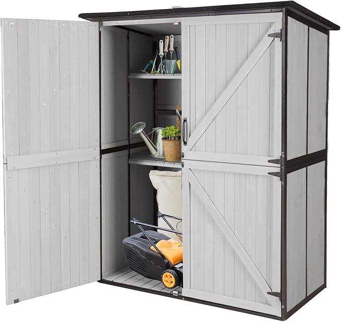 Aivituvin Outdoor Storage Shed with Floor, Garden Tool House with Metal Frame Structure, Large Wooden Cabinet with Adjustable Shelves for Backyard Garden Patio (White)