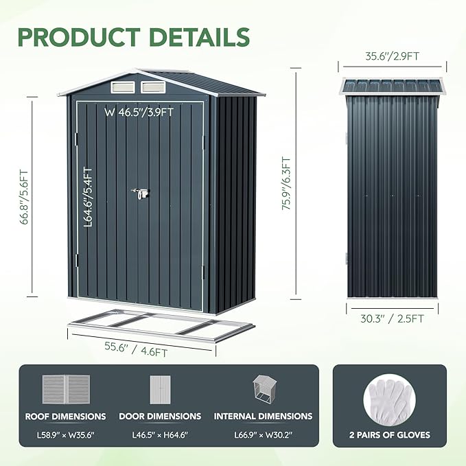 5x3X6.3FT Outdoor Steel Storage Shed with Lockable Doors and Frame Floor, Compact Small Bike Shed, Ideal for Garden, Backyard, Swimming Pool, Patio Utility and Tool Storage