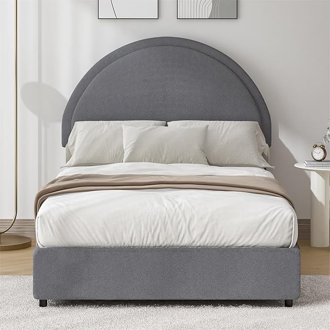 Twin Size Bed Frame, Boucle Upholstered Platform Bed with Headboard, Cloud Bed Frame with Soft Rounded Corners, No Box Spring Required, Easy Assembly, Grey